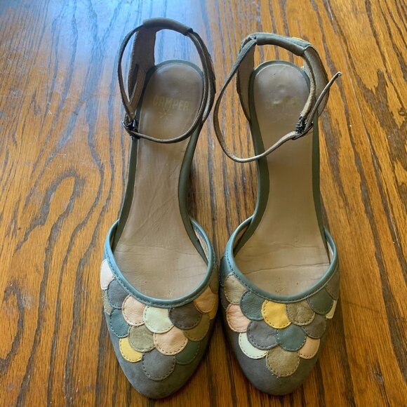 Camper Mary Jane Block Heels Pumps Embroidered Circles Grey Multicolor Sz 7 37 - Picture 3 of 6